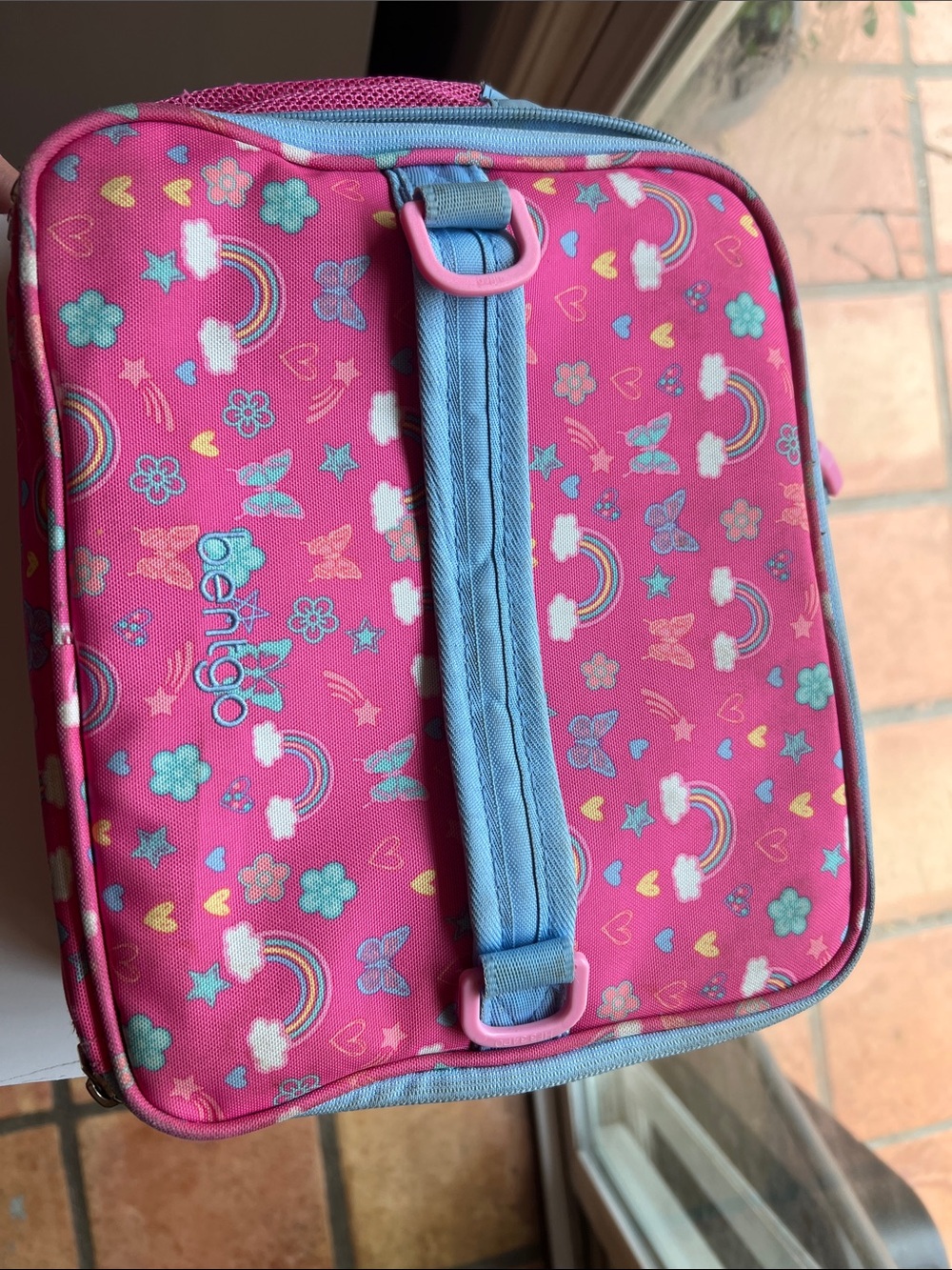 Pink Rainbow & Cloud Kids Lunch Bag with Blue Handle